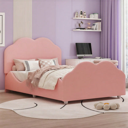 Polsterbett Kinderbett 90 x 200 cm hohes Geländer-Kinderbettgestell mit wolkenförmigem Kopf- und Fußteil. Einzelbett in hautfreundlichem Samt Rosa,ohne Matratze,