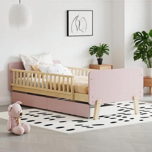Kinderbett 90x190 mit 2 Schubladen, Einzelbett aus Massivholz mit Lattenrost, Rosa