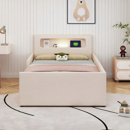 Polsterbett Kinderbett 90*200 cm, Mit Nachtlicht und USB-Ladeanschluss, Mit Ablagefächern, Erhöhte Seitenteile zur Sicherheit, Einfaches Einzelbett, Jungen- und Mädchenbett, Kunstlederstoff, Beige