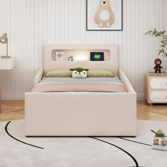 Polsterbett Kinderbett 90*200 cm, Mit Nachtlicht und USB-Ladeanschluss, Mit Ablagefächern, Erhöhte Seitenteile zur Sicherheit, Einfaches Einzelbett, Jungen- und Mädchenbett, Kunstlederstoff, Beige