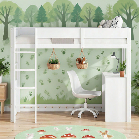 Hochbett aus Holz 90*200cm, Sicherheitstreppe, mit Tisch, hohes Zaundesign, Einzelbett, Kinderbett, weiß