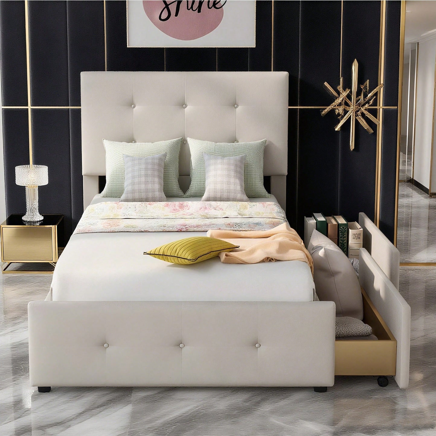 Polsterbett 90 x 200 cm Bett mit Lattenrost, Rückenlehne und zwei Schubladen, hautfreundlicher Samtstoff Beige flaches Einzelbett Kinderbett Jugendbett Gästebett