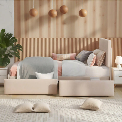 Polsterbett 90 x 200 cm Bett mit Lattenrost, Rückenlehne und zwei Schubladen, hautfreundlicher Samtstoff Beige flaches Einzelbett Kinderbett Jugendbett Gästebett