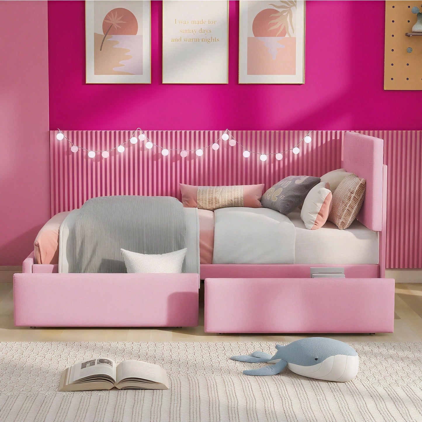 Polsterbett 90 x 200 cm Bett mit Lattenrost, Rückenlehne und zwei Schubladen, hautfreundlicher Samtstoff Beige flaches Einzelbett Kinderbett Jugendbett Gästebett