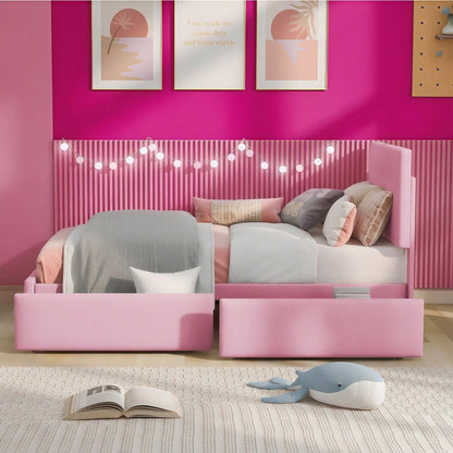 Polsterbett 90 x 200 cm Bett mit Lattenrost, Rückenlehne und zwei Schubladen, hautfreundlicher Samtstoff Beige flaches Einzelbett Kinderbett Jugendbett Gästebett
