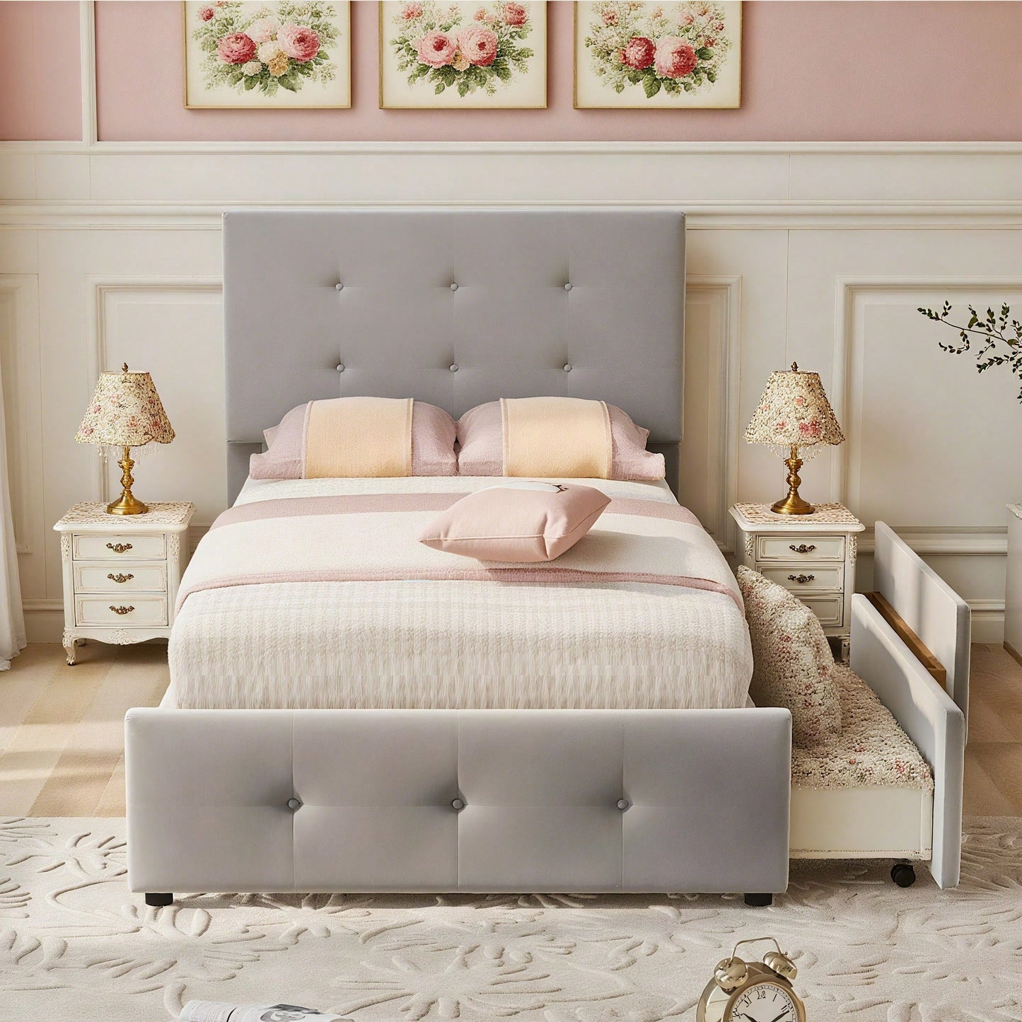 Polsterbett 90 x 200 cm Bett mit Lattenrost, Rückenlehne und zwei Schubladen, hautfreundlicher Samtstoff Beige flaches Einzelbett Kinderbett Jugendbett Gästebett