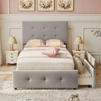 Polsterbett 90 x 200 cm Bett mit Lattenrost, Rückenlehne und zwei Schubladen, hautfreundlicher Samtstoff Beige flaches Einzelbett Kinderbett Jugendbett Gästebett