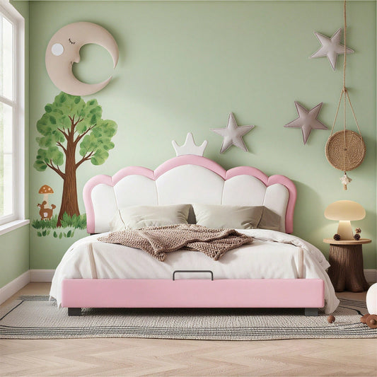 Kinderbett Polsterbett 140*200cm mit Lattenrosten und Rückenlehne, Mädchenbett mit Kronenformung, rosa(Matratze nicht enthaltet)