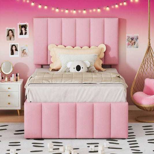 Polsterbett 90 x 200 cm mit Rollbett und Stauraumschubladen, hautfreundliche Leinenpolsterung, flaches Einzelbett, Kinderbett, Jugendbett, Gästebett (Rosa