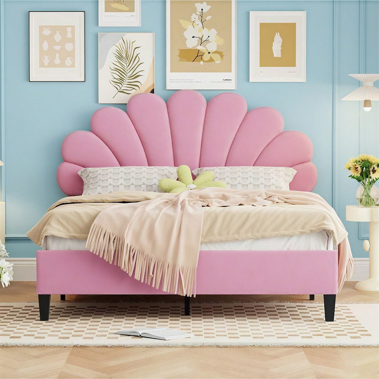 Polsterbett Doppelbett 140 x 200 cm, Bettrahmen mit blumenförmigem Kopfteil und Lattenrost, Erwachsenen-Jugendbett in hautfreundlichem Samtstoff, Gästebett Rosa