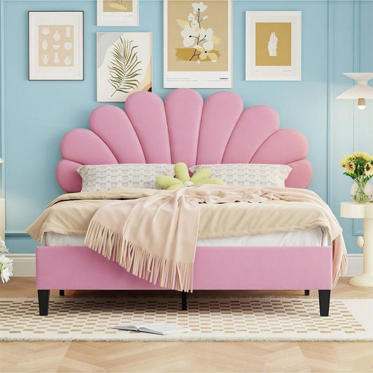 Polsterbett Doppelbett 140 x 200 cm, Bettrahmen mit blumenförmigem Kopfteil und Lattenrost, Erwachsenen-Jugendbett in hautfreundlichem Samtstoff, Gästebett Rosa