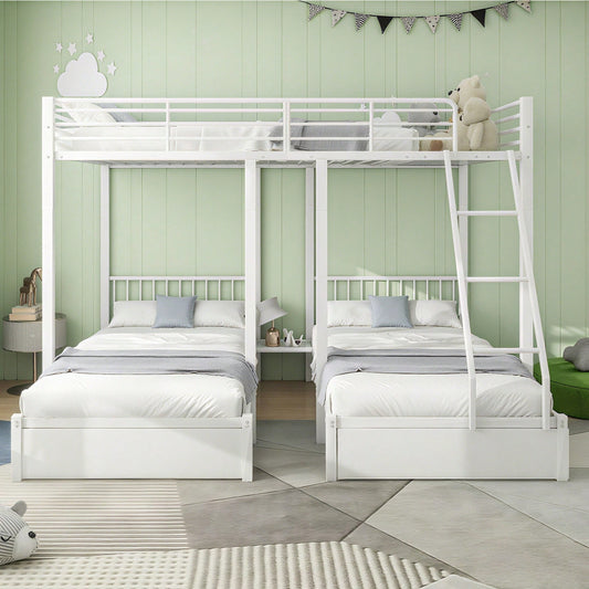 Dreifaches Etagenbett mit Schubladen, Metallbettrahmen, umwandelbar in 140 x 200 Doppelbett und zwei 90 x 200 Einzelbetten, multifunktionales Metallrahmenbett, weiß
