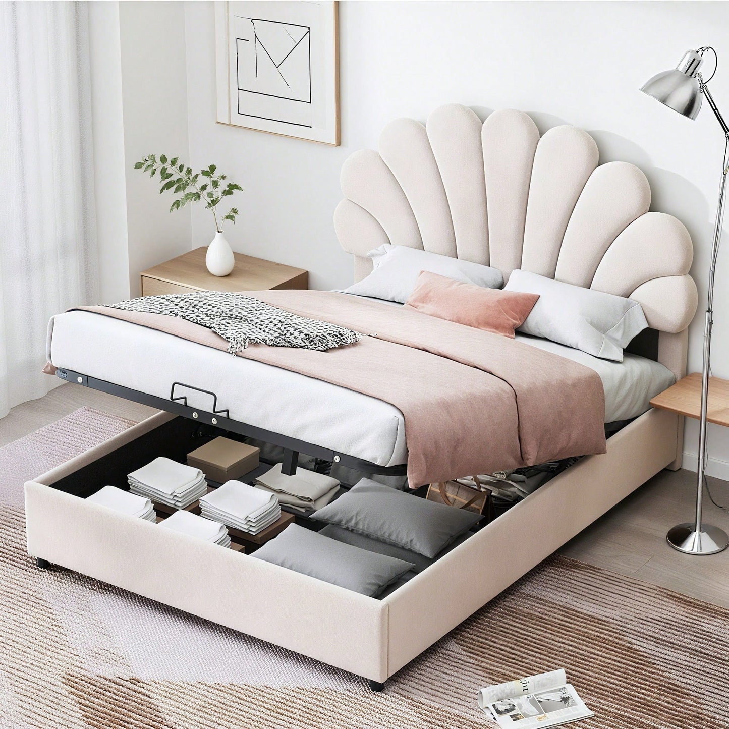 Polsterbett 140 x 200 cm, mit geblümtem Kopfteil und Lattenrost, mit höhenverstellbarem Kopfteil und hydraulischem Stauraum, Juniorbett doppelt, hautfreundlicher Samtstoff, Beige