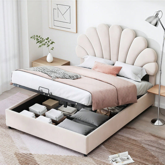 Polsterbett 140 x 200 cm, mit geblümtem Kopfteil und Lattenrost, mit höhenverstellbarem Kopfteil und hydraulischem Stauraum, Juniorbett doppelt, hautfreundlicher Samtstoff, Beige