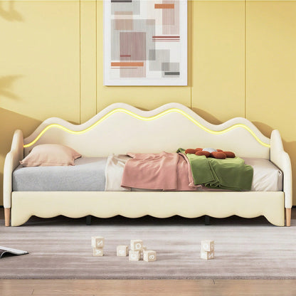 Polsterbett 90(180)*190cm, 2-in-1 Multifunktions-Schlafsofa, Kinderbett aus Kunstleder mit LED-Beleuchtung, mit Lattenrost, Grau