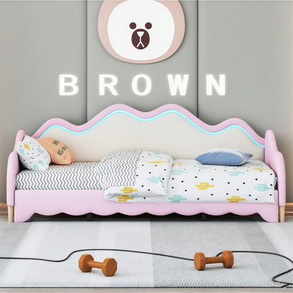 Polsterbett 90(180)*190cm, 2-in-1 Multifunktions-Schlafsofa, Kinderbett aus Kunstleder mit LED-Beleuchtung, mit Lattenrost, Grau