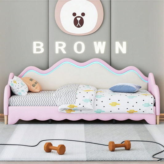Polsterbett 90(180)*190cm, 2-in-1 Multifunktions-Schlafsofa, Kinderbett aus Kunstleder mit LED-Beleuchtung, mit Lattenrost, Grau