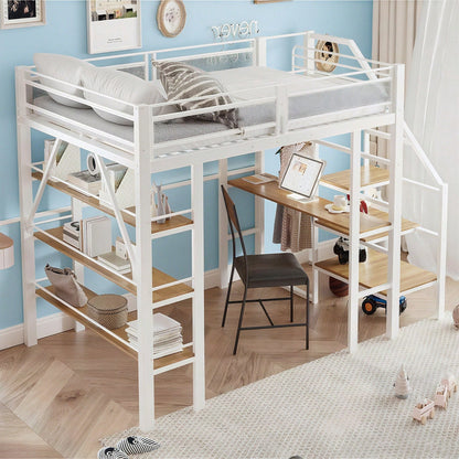 Hochbett 140*200cm, dreilagiges Ablageregal, Schreibtisch, Kleiderschrank, Sicherheitsstufen mit Ablagefach, hohes Zaundesign, Eisenbett, Einzelbett, Weiß