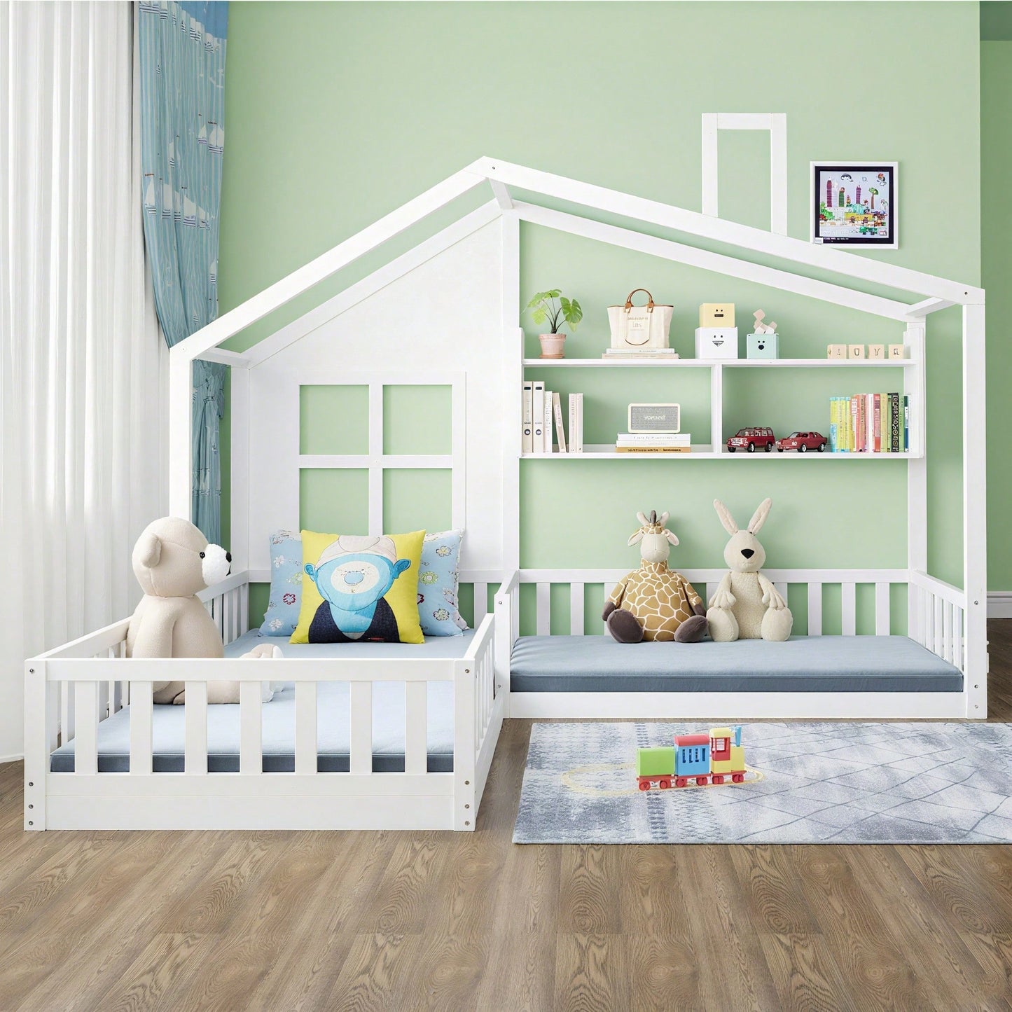 Kinderbett 90x200 cm (140x70 cm) Mit Fenster und Schornstein in Form eines Hauses Mit Regalen, Raumhoher Massivholz-Bettkasten Mit Sicherheitsgitter und Lattenrost, Holzfarbe