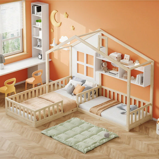 Kinderbett 90x200 cm (140x70 cm) Mit Fenster und Schornstein in Form eines Hauses Mit Regalen, Raumhoher Massivholz-Bettkasten Mit Sicherheitsgitter und Lattenrost, Holzfarbe
