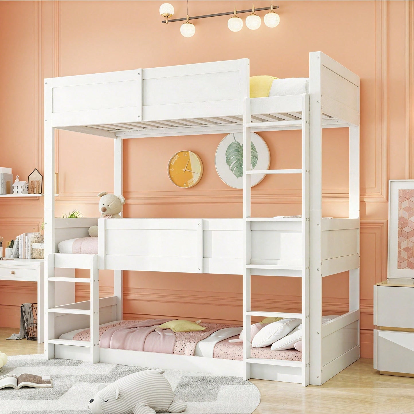 Dreibettzimmerbett 90*200 cm, Massivholzlatten, Hochbett, hohes Zaundesign, Kinderbett, Holzbett, weiß