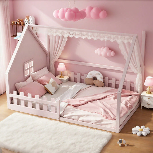 Flachbett, 140*200 cm, Kinderbett, Hausleiste, Geländer, Kiefernholz, Rosa