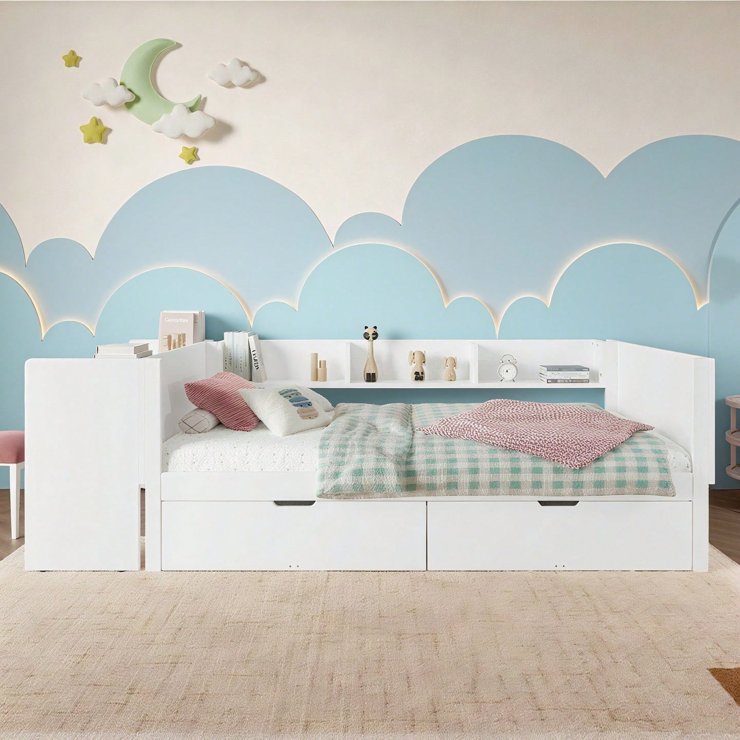 Flachbett, Holzbett, 90x200cm, mit Schreibtisch, ausgestattet mit 2 Schubladen, Einzelbett(Ohne Matratze), mit Regalen, Kiefer+Spanplatte, Rosa