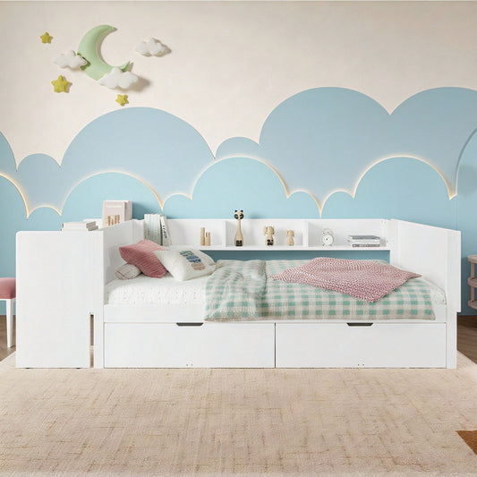 Flachbett, Holzbett, 90x200cm, mit Schreibtisch, ausgestattet mit 2 Schubladen, Einzelbett(Ohne Matratze), mit Regalen, Kiefer+Spanplatte, Rosa
