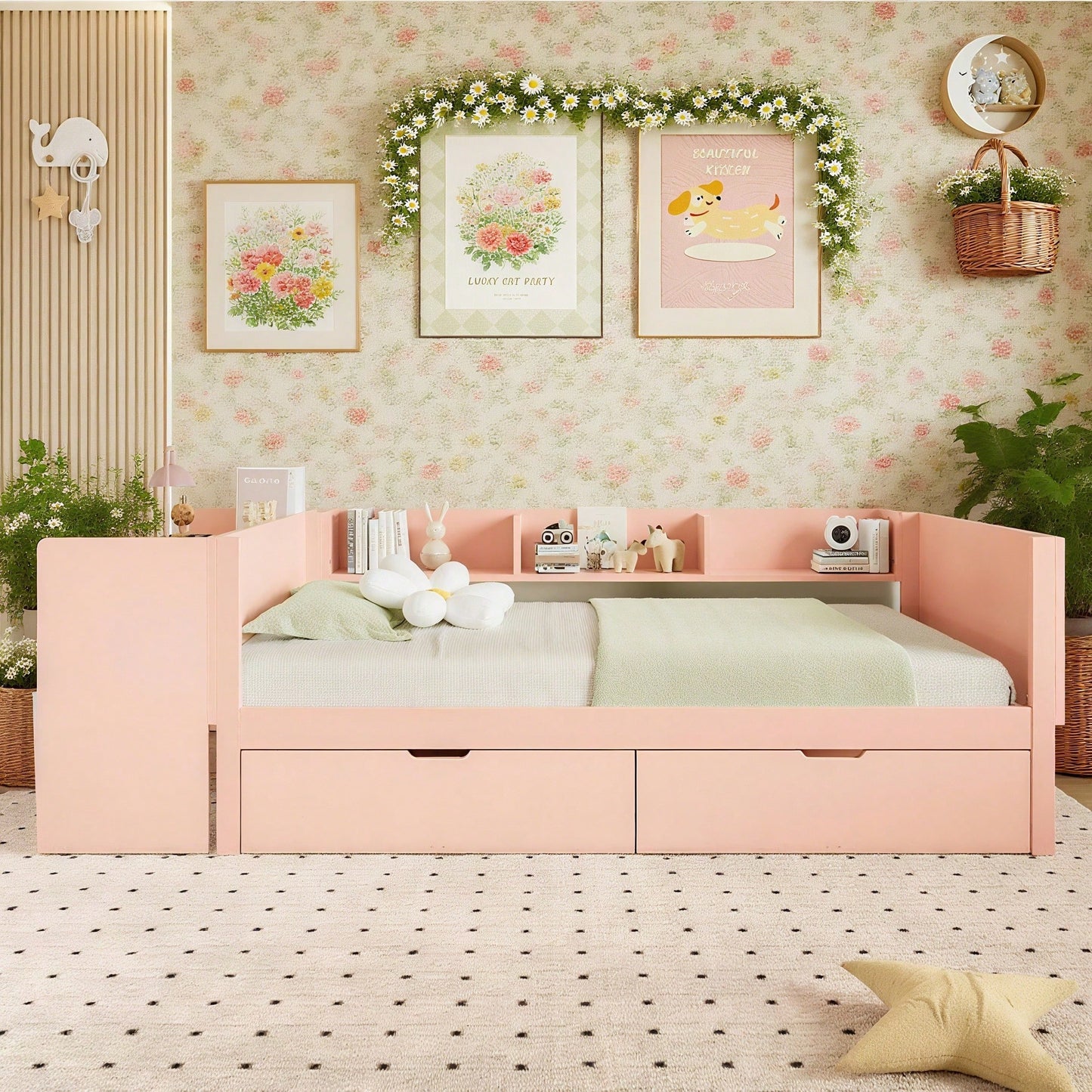 Flachbett, Holzbett, 90x200cm, mit Schreibtisch, ausgestattet mit 2 Schubladen, Einzelbett(Ohne Matratze), mit Regalen, Kiefer+Spanplatte, Rosa