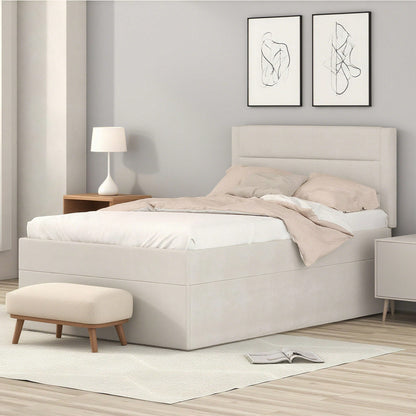 Polsterbett, 90 x 200, Einzelbett mit Lattenrost aus Metallrahmen, Großer Stauraum, Ohne Matratze, Beige, 200x90cm.
