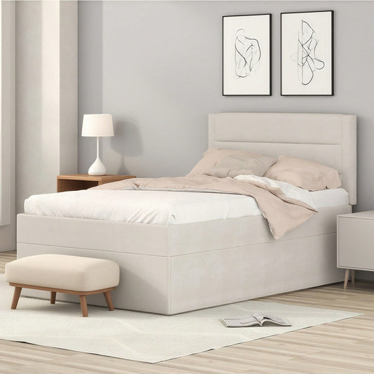 Polsterbett, 90 x 200, Einzelbett mit Lattenrost aus Metallrahmen, Großer Stauraum, Ohne Matratze, Beige, 200x90cm.