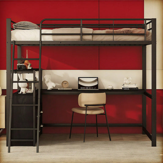 Hochbett, 140*200cm , Eisenrahmenbett, praktische Schubladen, stilvoller L-förmiger Schreibtisch, Laminatdesign, Ohne Matratze, Weiß
