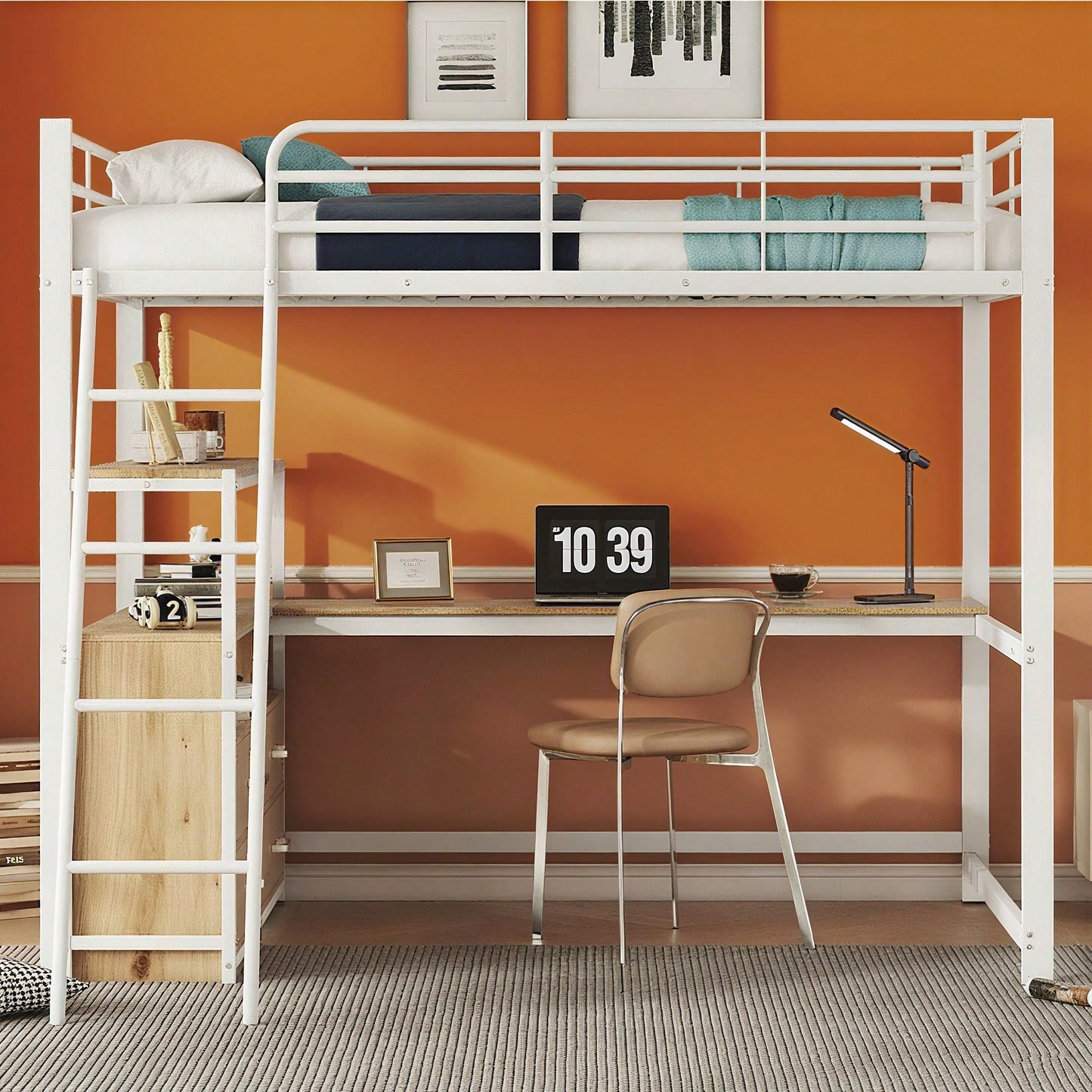 Hochbett, 140*200cm , Eisenrahmenbett, praktische Schubladen, stilvoller L-förmiger Schreibtisch, Laminatdesign, Ohne Matratze, Weiß