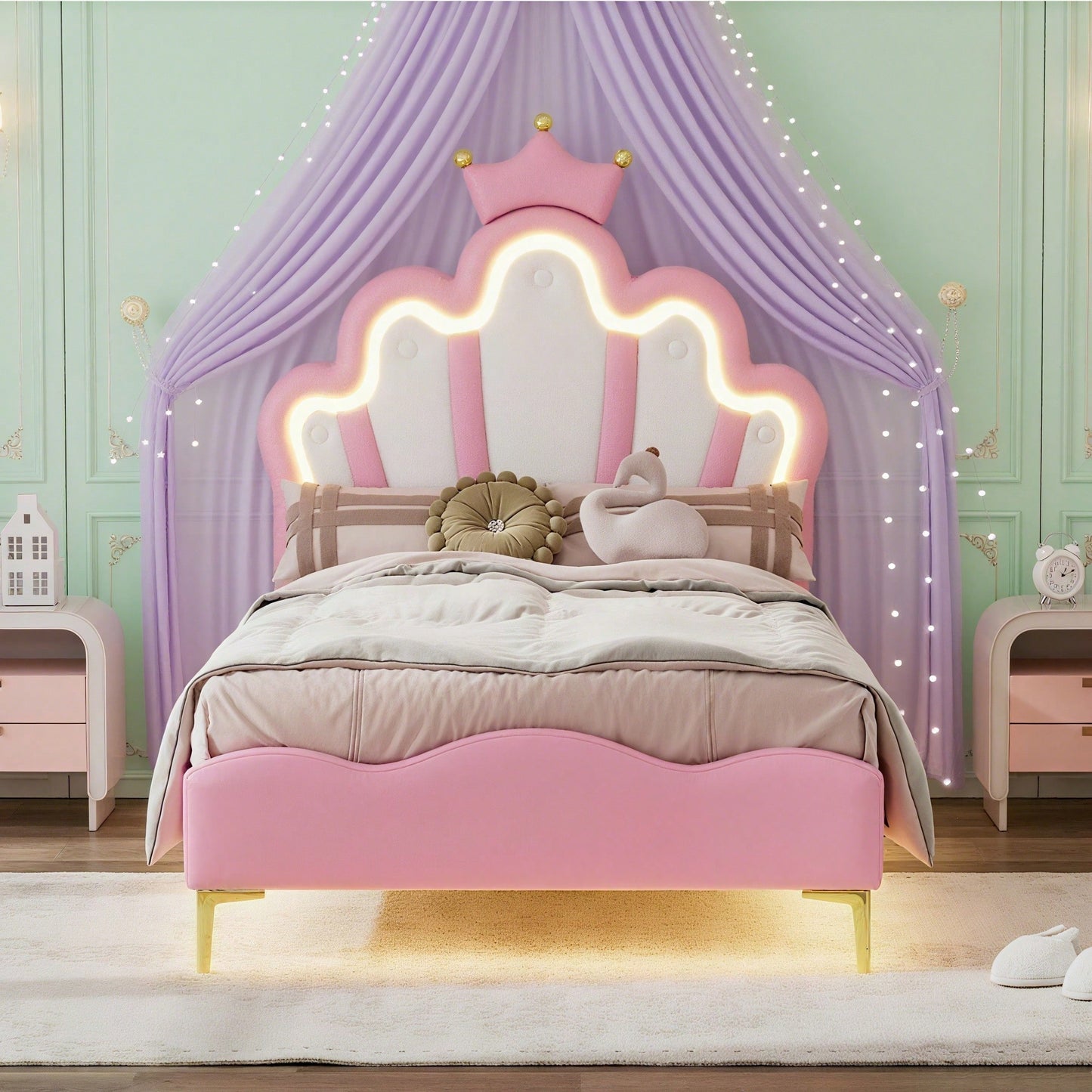 90*200cm Flaches Doppelbett, kronenförmiges Prinzessinnenbett, weiche Polsterung aus PU-Leder, verstellbarer LED-Umgebungslichtstreifen, Rosa