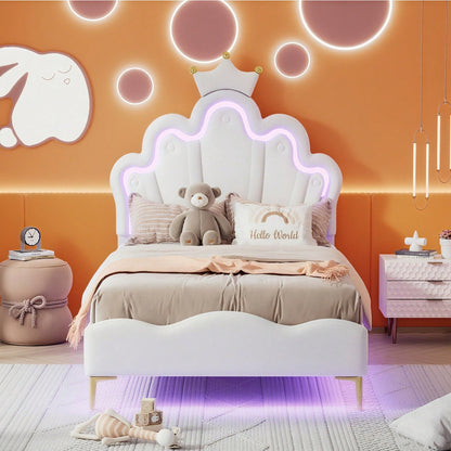 90*200cm Flaches Doppelbett, kronenförmiges Prinzessinnenbett, weiche Polsterung aus PU-Leder, verstellbarer LED-Umgebungslichtstreifen, Rosa