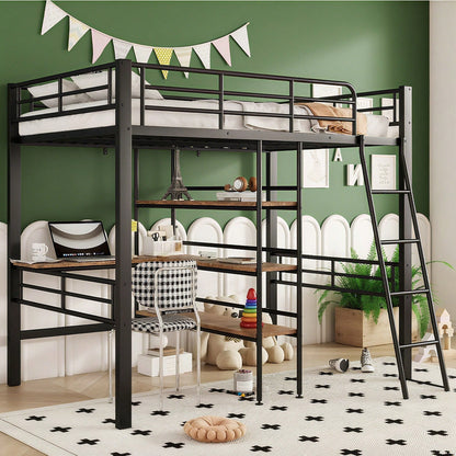 Hochbett, 90*200cm , ohne Matratze, Bett mit Schreibtisch, Mehrere Regale, Geländer, Leiter, Eisenrahmen, Schwarz