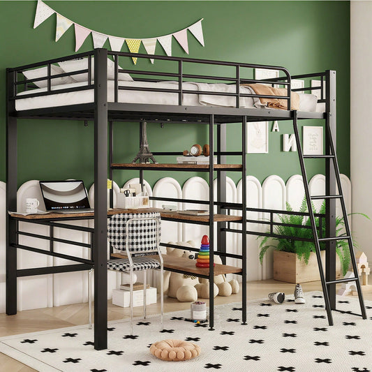 Hochbett, 90*200cm , ohne Matratze, Bett mit Schreibtisch, Mehrere Regale, Geländer, Leiter, Eisenrahmen, Schwarz