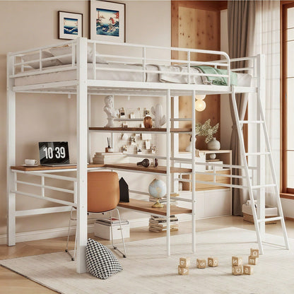 Hochbett, 90*200cm , ohne Matratze, Bett mit Schreibtisch, Mehrere Regale, Geländer, Leiter, Eisenrahmen, Schwarz