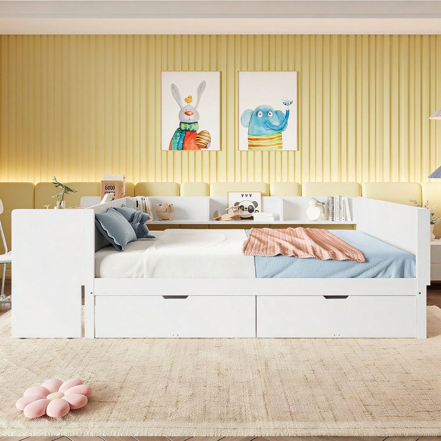Flachbett, Holzbett, 140x200cm, mit Schreibtisch, ausgestattet mit 2 Schubladen, Doppelbett(Ohne Matratze), mit Regalen, Kiefer + Spanplatte, Rosa