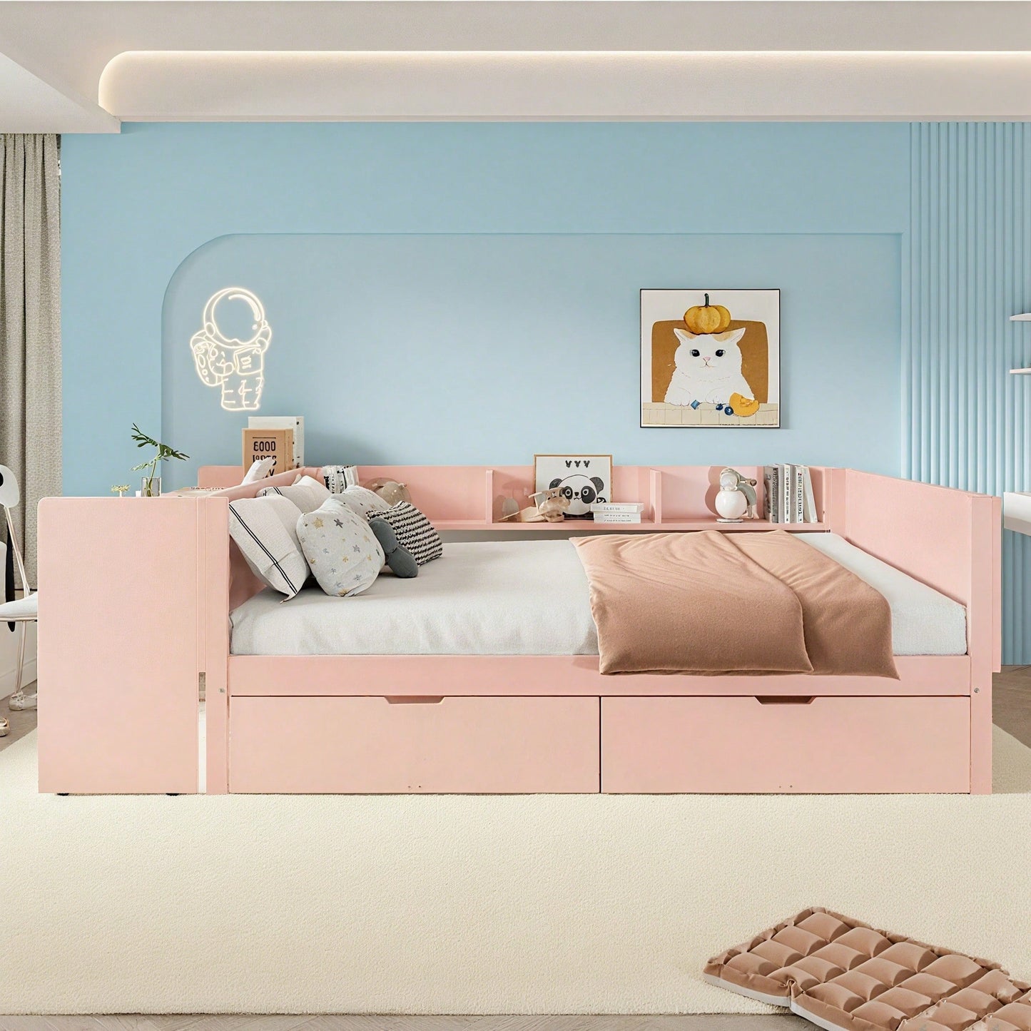 Flachbett, Holzbett, 140x200cm, mit Schreibtisch, ausgestattet mit 2 Schubladen, Doppelbett(Ohne Matratze), mit Regalen, Kiefer + Spanplatte, Rosa