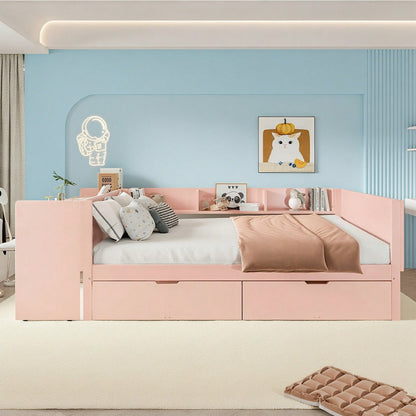 Flachbett, Holzbett, 140x200cm, mit Schreibtisch, ausgestattet mit 2 Schubladen, Doppelbett(Ohne Matratze), mit Regalen, Kiefer + Spanplatte, Rosa