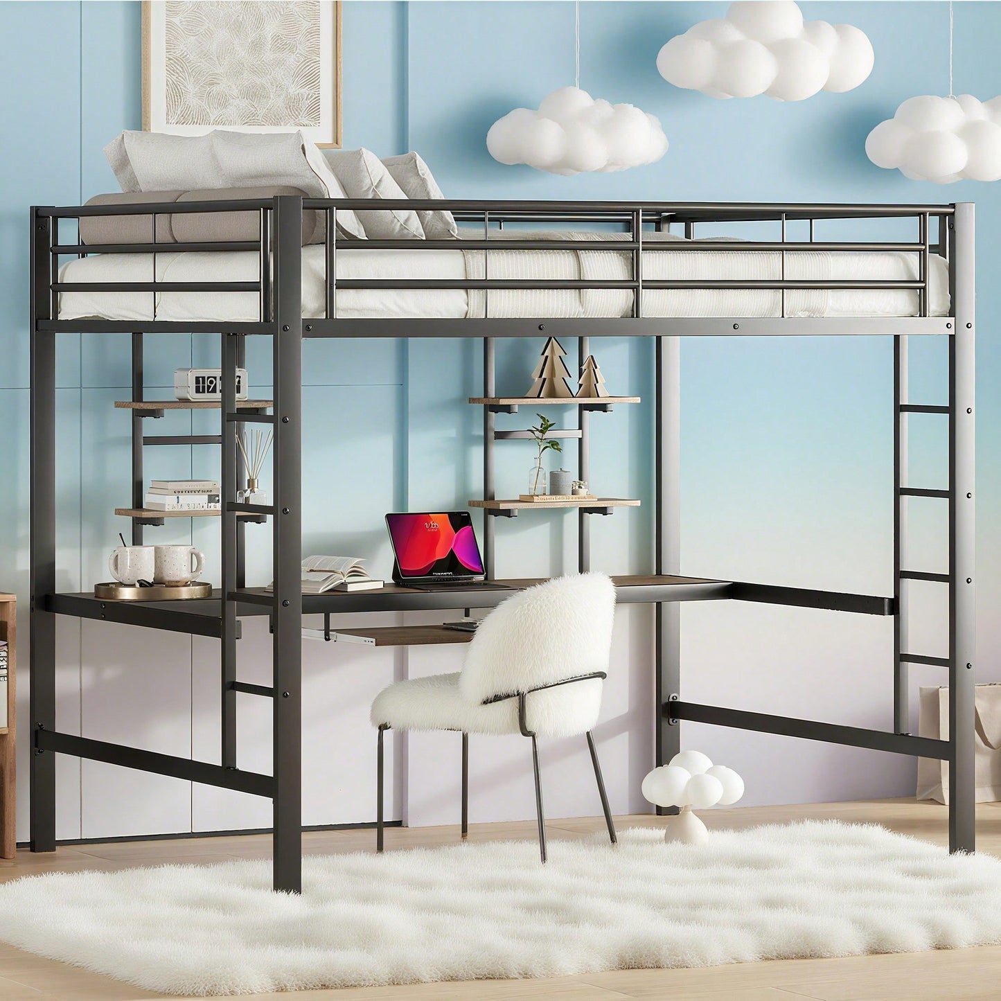 Hochbett, 140*200 cm, Bettgestell Metallbett, Eisenbett, Hochbett mit Schreibtisch und zwei Bücherregalen für Kinder, Jugendliche und Erwachsene, Weiß