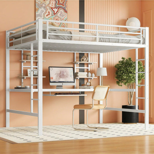 Hochbett, 140*200 cm, Bettgestell Metallbett, Eisenbett, Hochbett mit Schreibtisch und zwei Bücherregalen für Kinder, Jugendliche und Erwachsene, Weiß