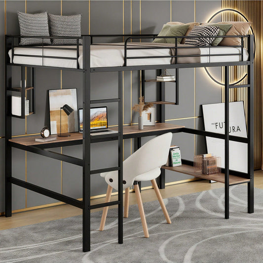 90x200cm Bettgestell Metallbett, Eisenbett mit Schreibtisch, Hochbett mit vier kleinen Regalen und einem großen Bücherregal für Kinder, Jugendliche und Erwachsene, Weiß