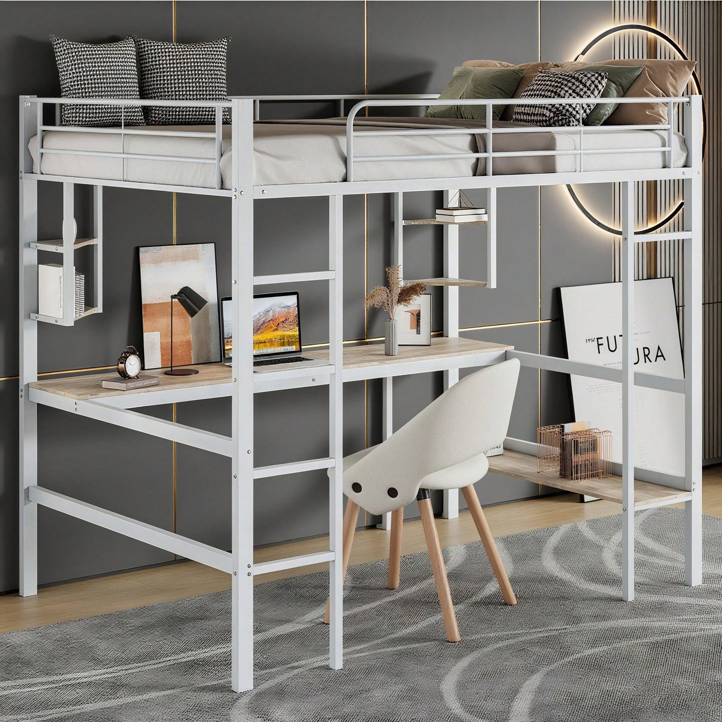 90x200cm Bettgestell Metallbett, Eisenbett mit Schreibtisch, Hochbett mit vier kleinen Regalen und einem großen Bücherregal für Kinder, Jugendliche und Erwachsene, Weiß