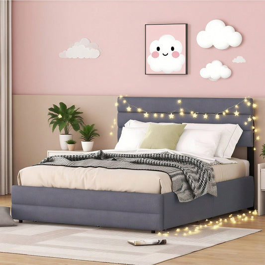 140 x 200 Plattformbett mit Räummaschine für zwei Personen und zwei Schubladen, Grau
