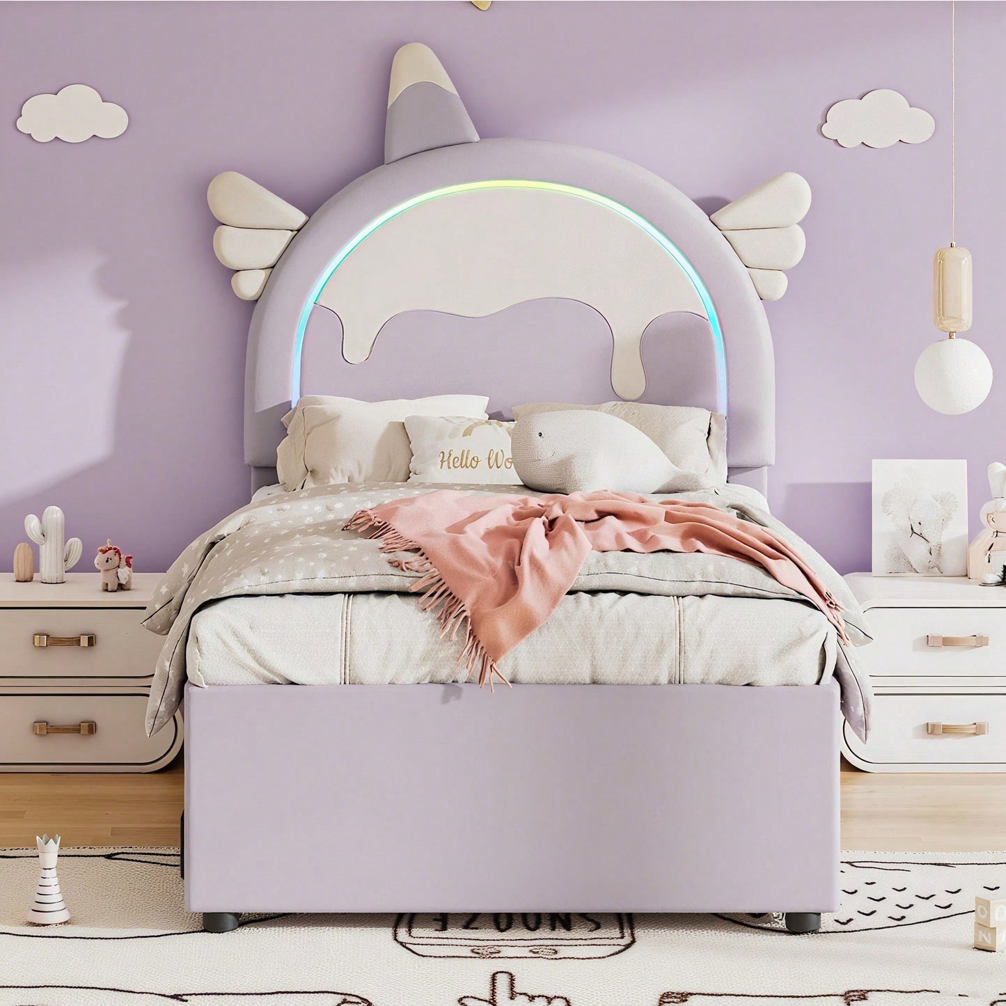 90*200cm Cartoon Kinderbett, Einhornform, ausgestattet mit ausziehbares rollbett, PU-Material,Violett