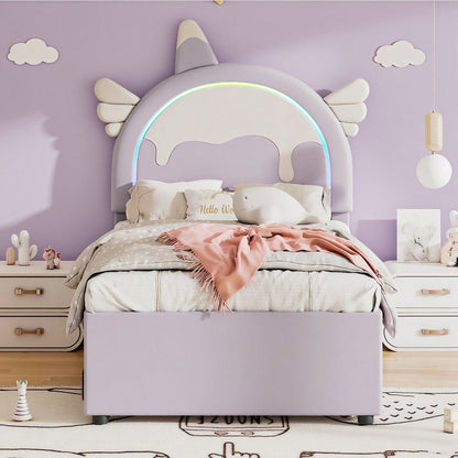 90*200cm Cartoon Kinderbett, Einhornform, ausgestattet mit ausziehbares rollbett, PU-Material,Violett