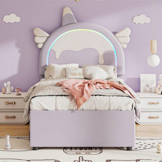 90*200cm Cartoon Kinderbett, Einhornform, ausgestattet mit ausziehbares rollbett, PU-Material,Violett