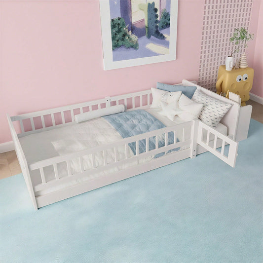Holzbett, Kinderbett, 90 x 200cm, Kiefernholz, Offenes Lager, Einlegeböden, zu öffnendes Gehäuse, ohne Matratze, weiß